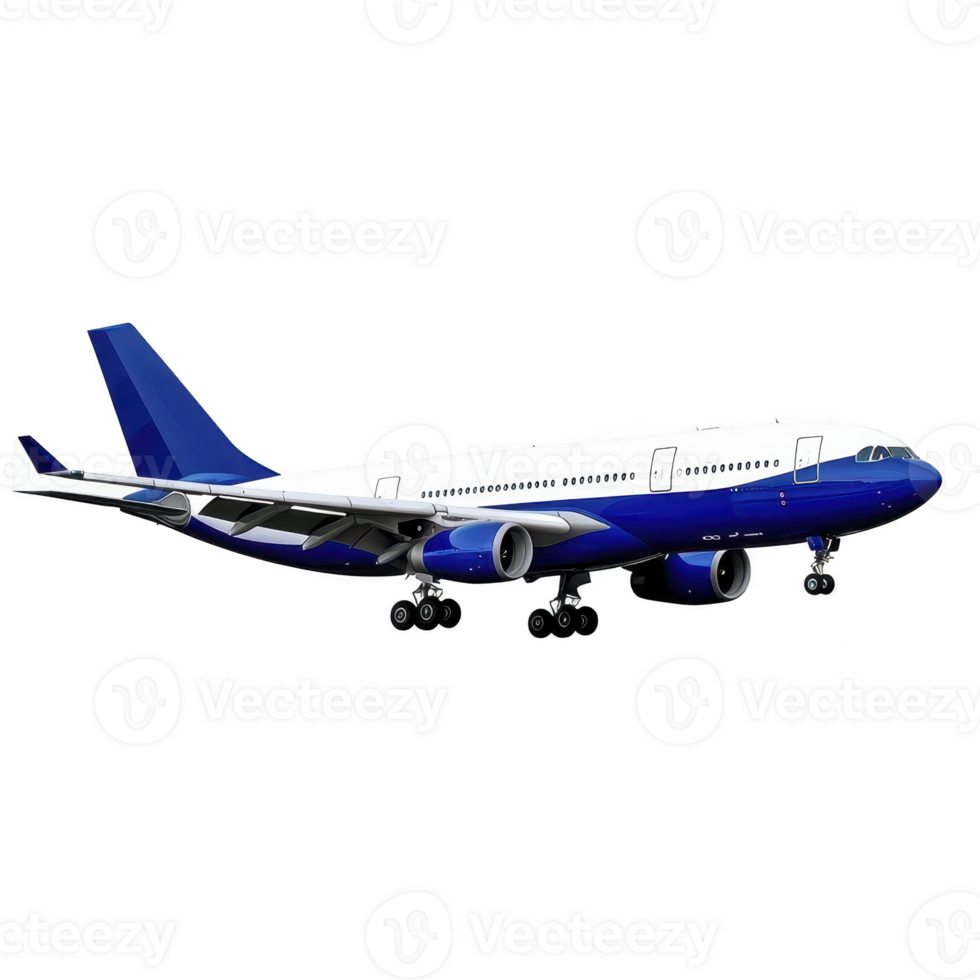 Large commercial airplane with blue and white color scheme is depicted in flight, showcasing its sleek design and multiple engines. aircraft is set against transparent background png