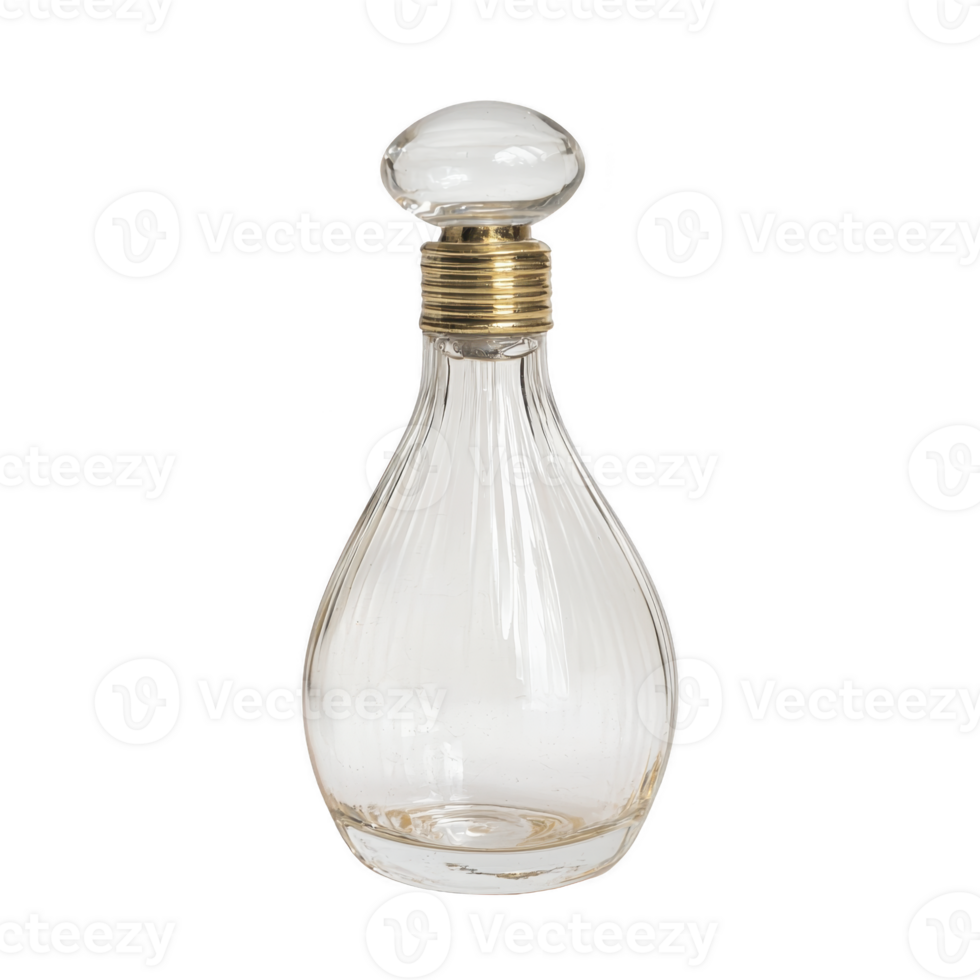 Clear glass decanter with round stopper and gold accents, perfect for storing and serving beverages elegantly. design is classic and sophisticated, ideal for home decor png