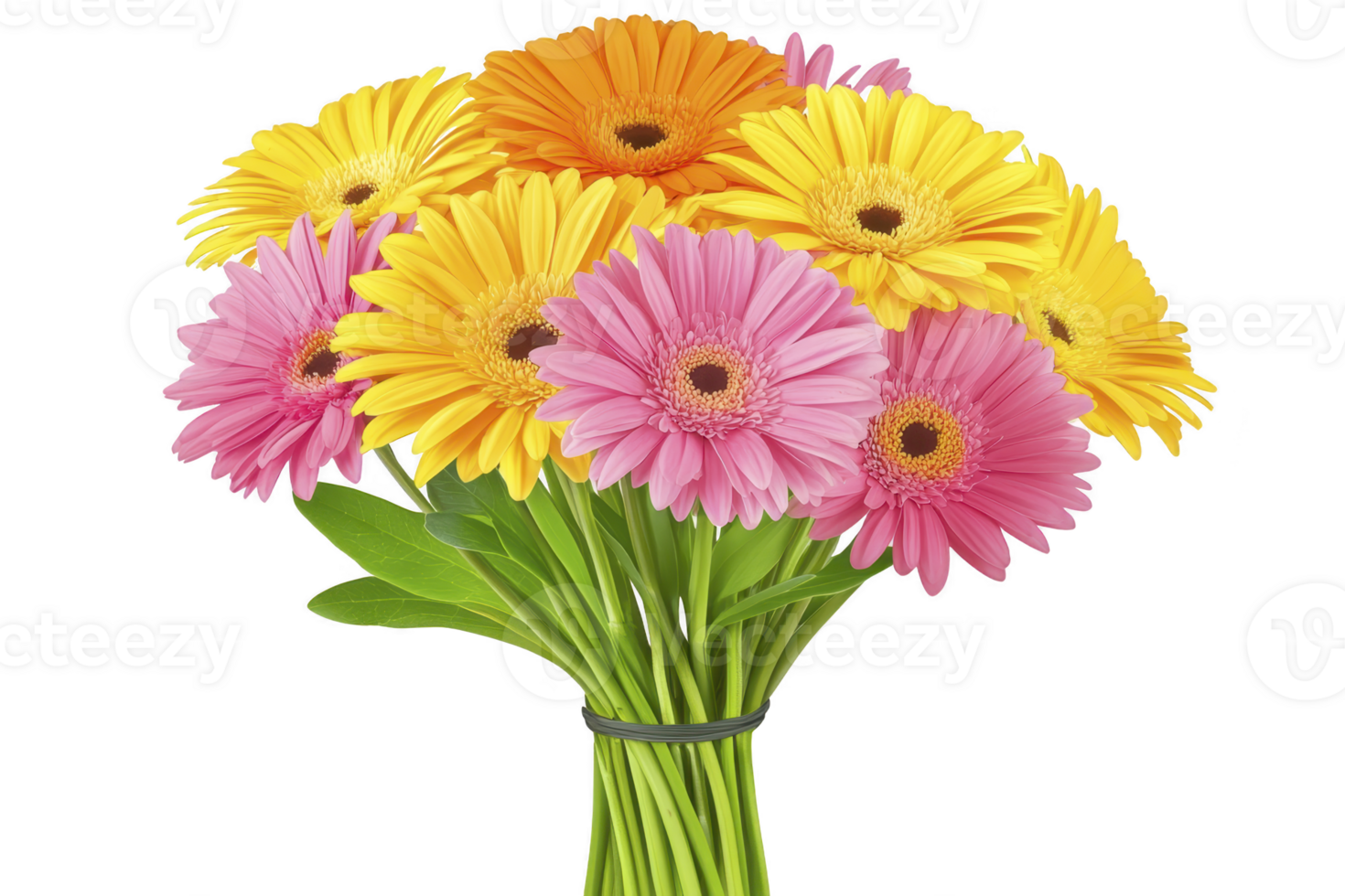 Vibrant bouquet of gerbera daisies in pink, yellow, and orange hues, tied together with black band, exudes cheerful and lively atmosphere png