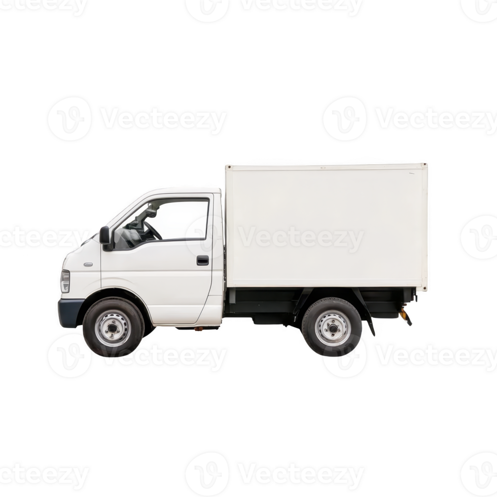 White delivery truck with box cargo area is shown in side view on transparency background. vehicle is compact and designed for transporting goods efficiently png