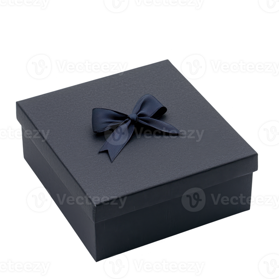 Sleek black gift box with matching ribbon bow on top, perfect for elegant gift giving occasions. box minimalist design adds touch of sophistication and mystery png