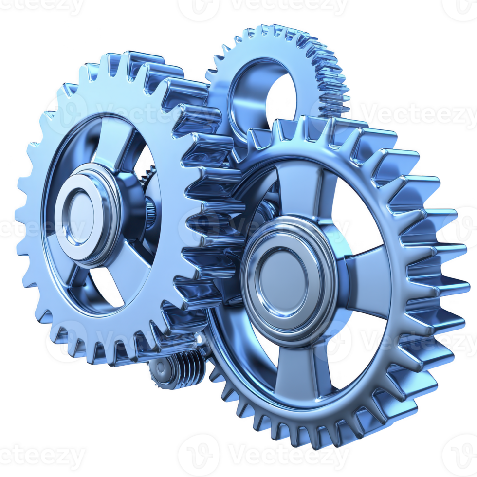 Three interlocking metallic gears in shiny blue finish symbolize teamwork and mechanical precision. gears are intricately designed, showcasing engineering excellence and industrial strength png