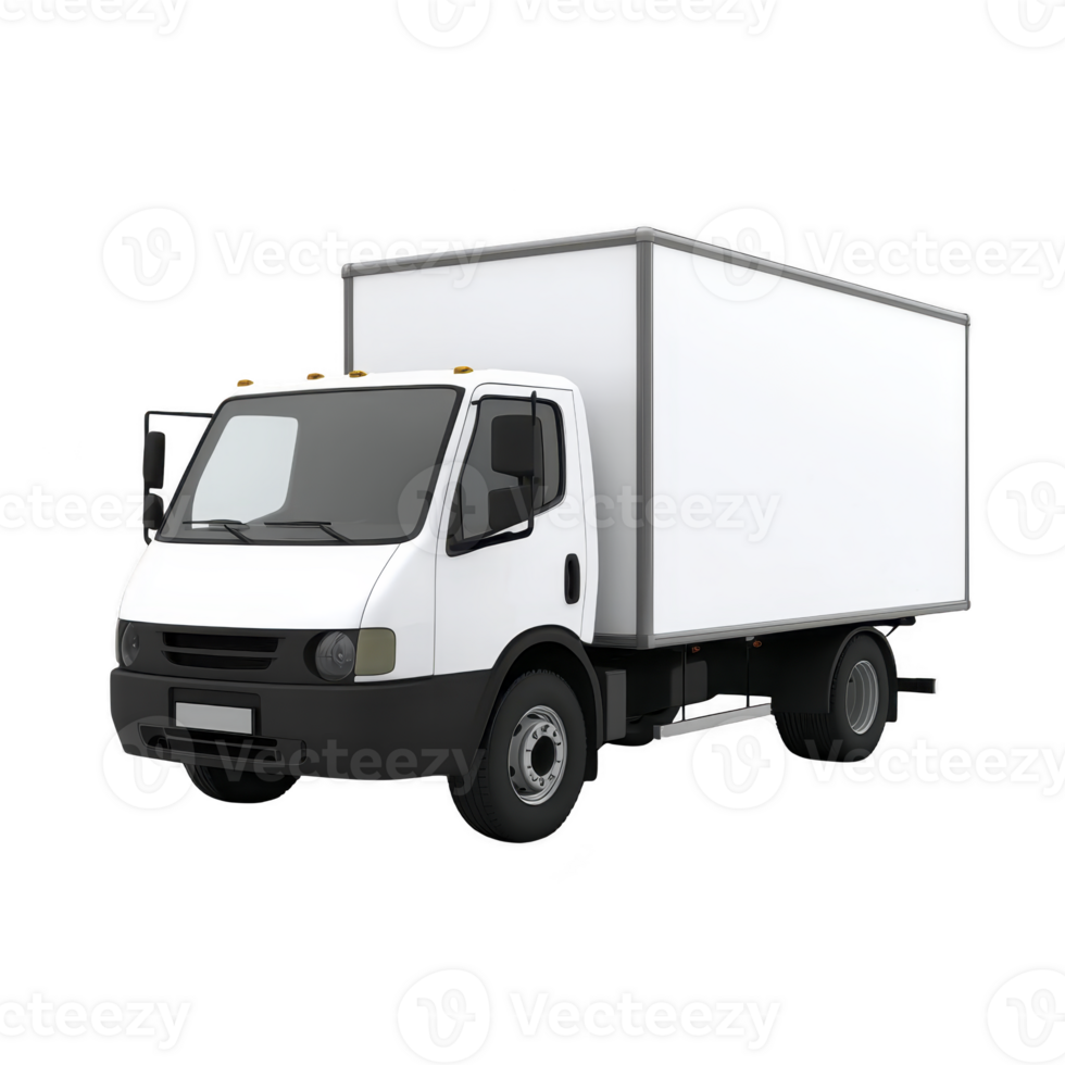 White delivery truck with box shaped cargo area is depicted, showcasing modern design suitable for transporting goods. vehicle is isolated on transparency background png