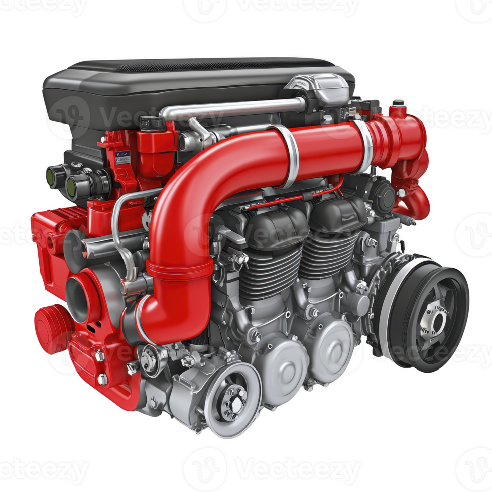Detailed illustration of red and silver car engine with visible components like pistons, pipes, and belts, showcasing mechanical complexity and engineering precision png