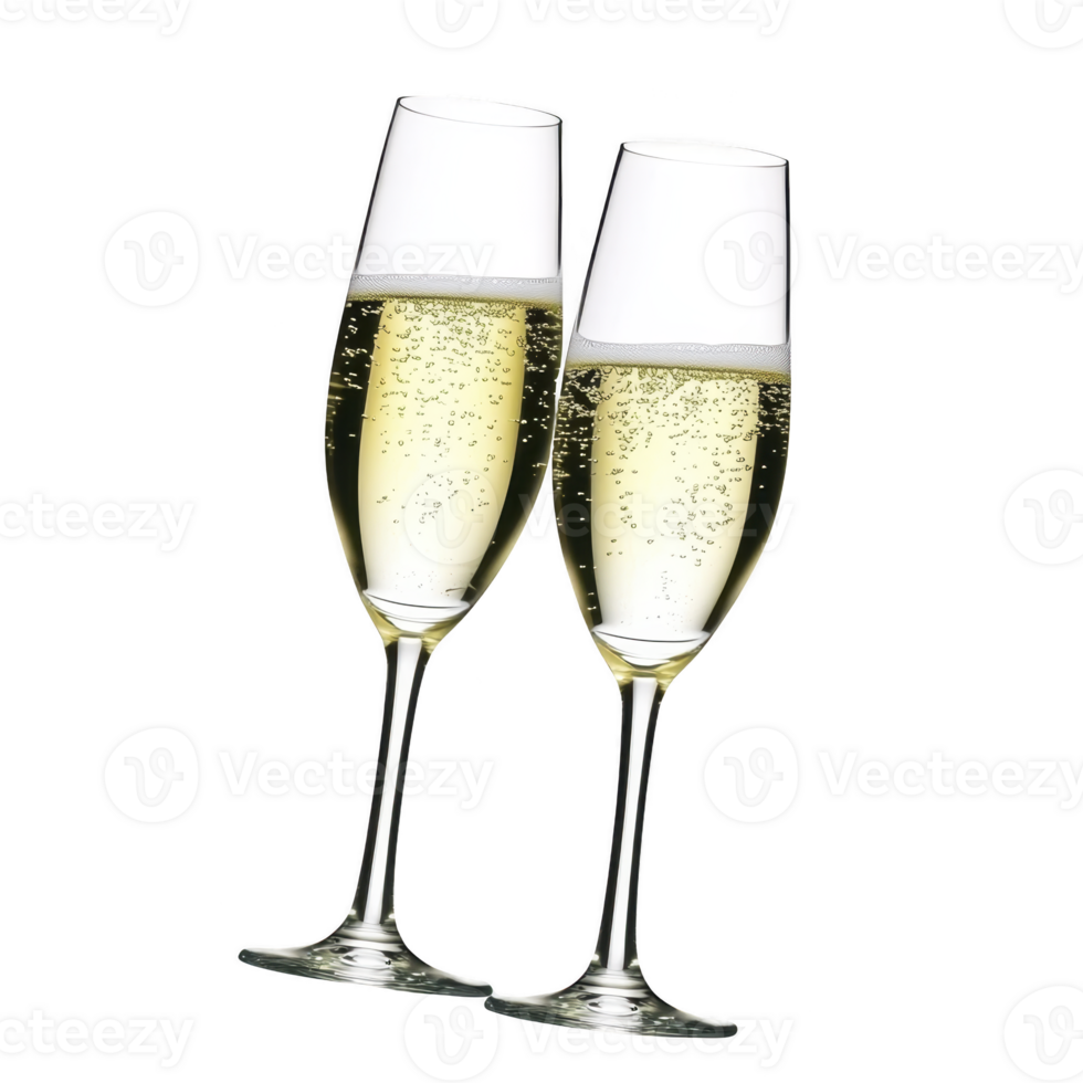 Two champagne glasses filled with bubbly champagne are clinking together, symbolizing celebration and joy. clear glasses showcase sparkling wine effervescence, creating festive atmosphere png