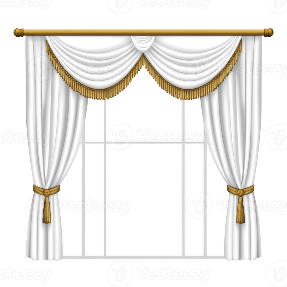 Elegant white curtains with gold accents hang gracefully over window, creating sophisticated and classic look. drapery features decorative tassels and valance, adding touch of luxury png