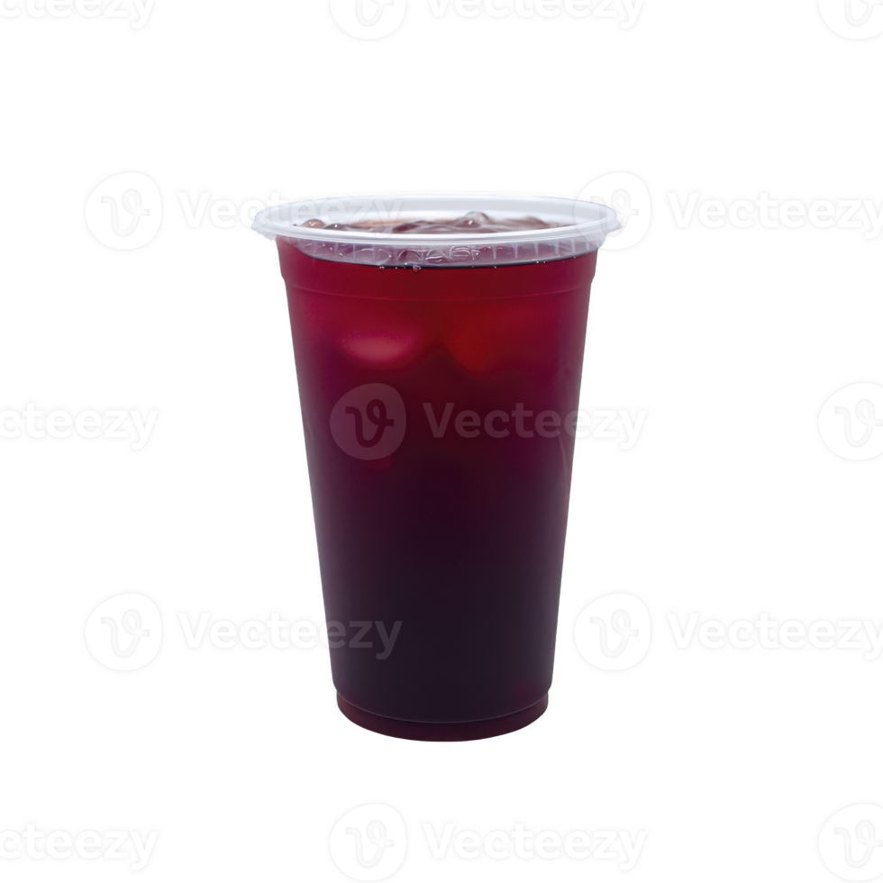 Clear plastic cup filled with refreshing red juice, topped with secure lid, isolated on transparency background. vibrant color suggests fruity and invigorating beverage png