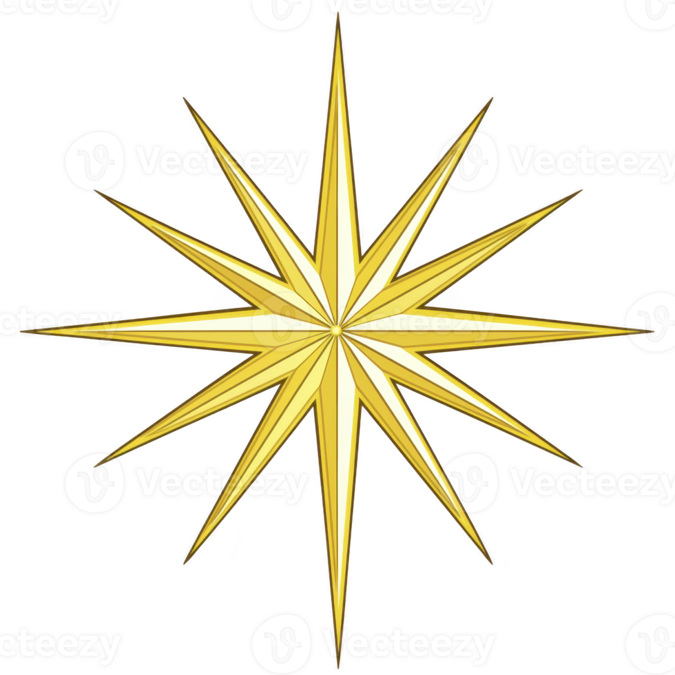 Golden, twelve pointed star with sharp, symmetrical rays radiates from center, creating striking and elegant design. star metallic sheen adds touch of sophistication png