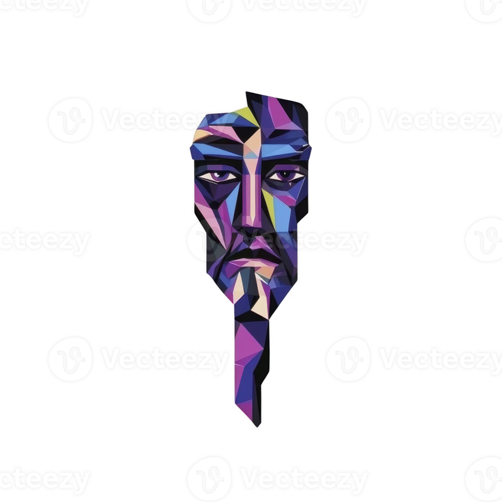 Colorful geometric illustration of man face with serious expression, featuring angular shapes in shades of purple, blue, and pink, creating modern and abstract look png