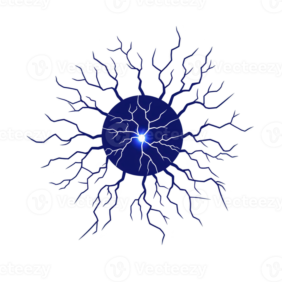 Vibrant blue sphere with branching tendrils radiates outward, resembling abstract sunburst or neural network. design is dynamic and energetic, evoking sense of movement and connection png