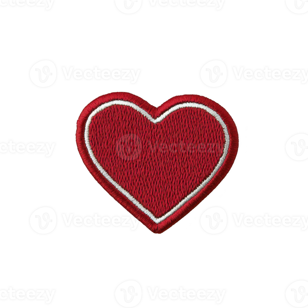 Red embroidered heart patch with white outline, perfect for adding touch of love to clothing or accessories. textured design gives it handmade feel png