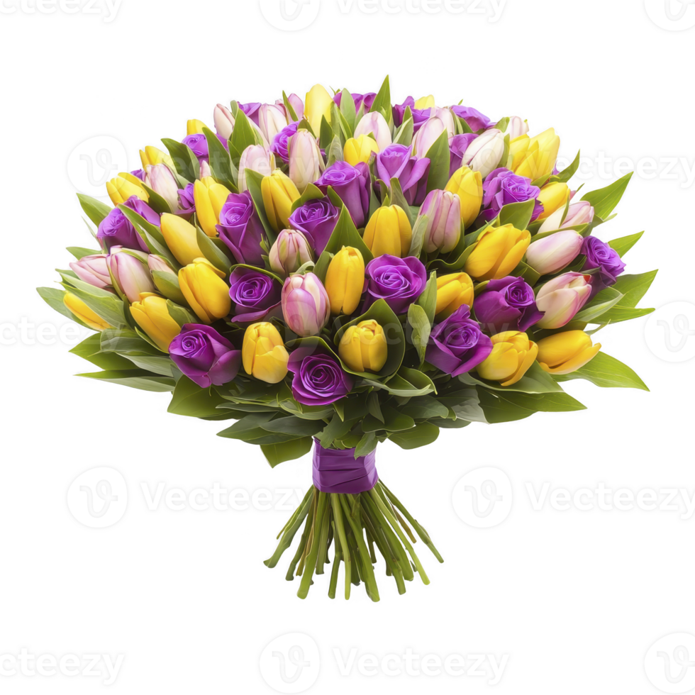 Vibrant bouquet of yellow tulips, purple roses, and pink tulips is beautifully arranged with lush green leaves, creating cheerful and elegant floral display png