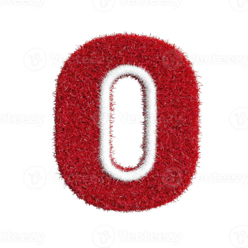 Red and white textured number zero with fuzzy, grass like appearance, isolated on transparency background. design is bold and eye catching, suitable for creative projects png