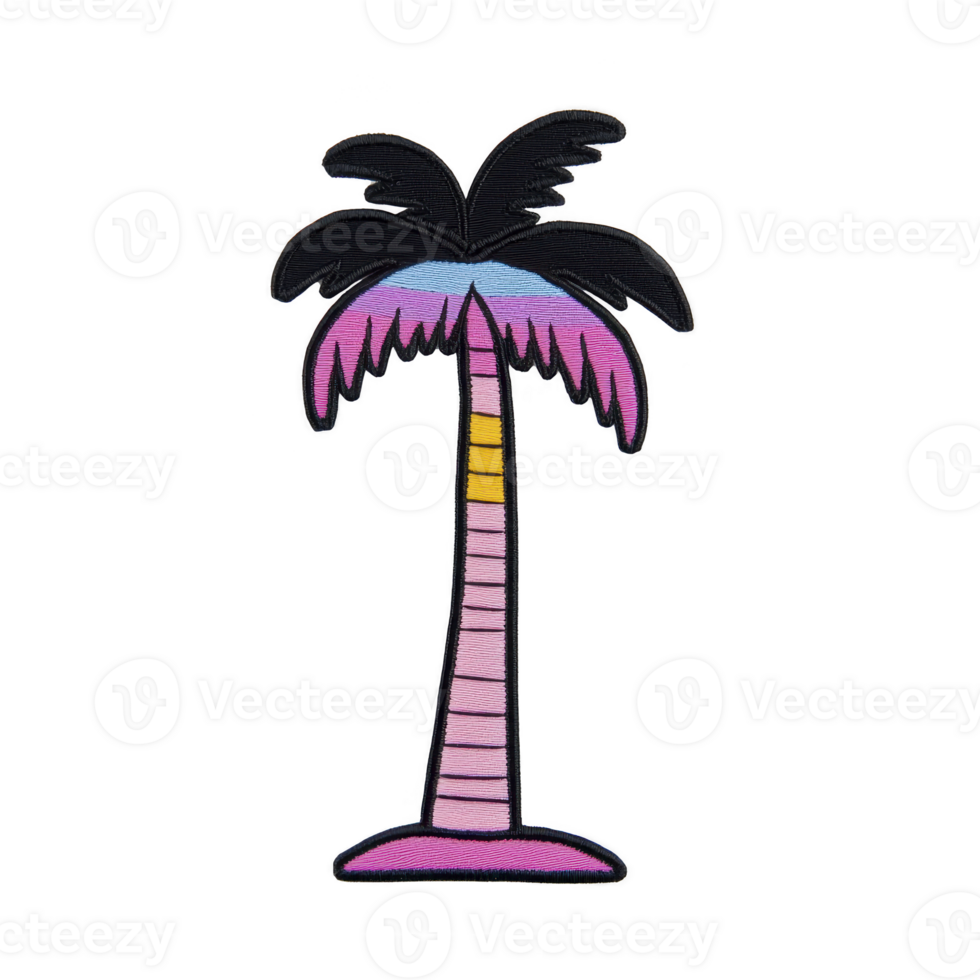 Colorful palm tree illustration with gradient trunk and vibrant leaves, evoking tropical and playful vibe. design features shades of pink, purple, and blue, creating whimsical effect png