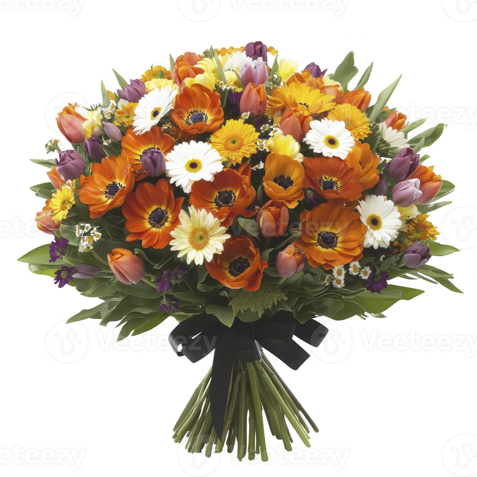 Vibrant bouquet of mixed flowers including orange gerberas, white daisies, and purple tulips, arranged with lush green leaves, creating cheerful and colorful display png