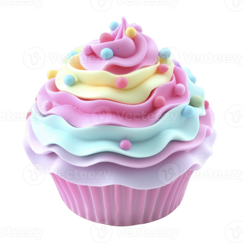 Colorful cupcake with pastel frosting swirls and decorative sprinkles creates whimsical and delightful appearance. soft hues of pink, blue, and yellow add playful touch png
