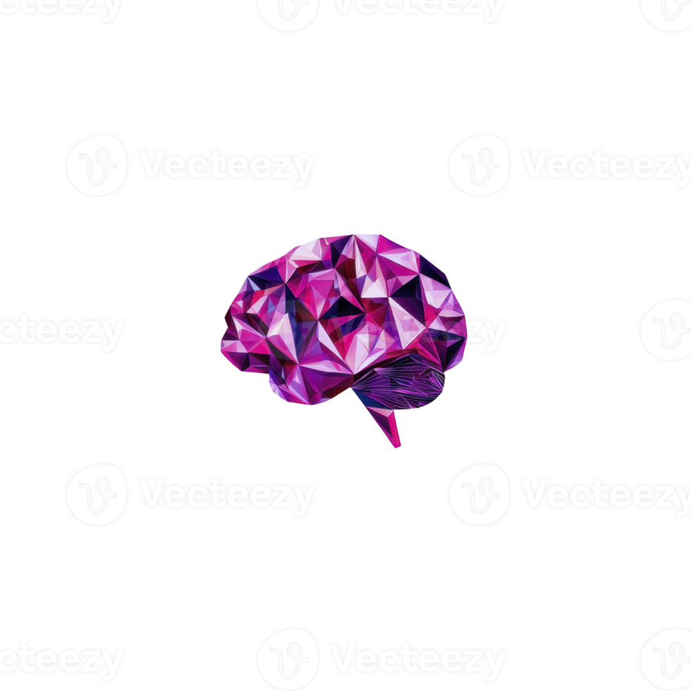 Vibrant, geometric brain illustration in shades of purple and pink, set against transparency background, showcasing modern and abstract design png