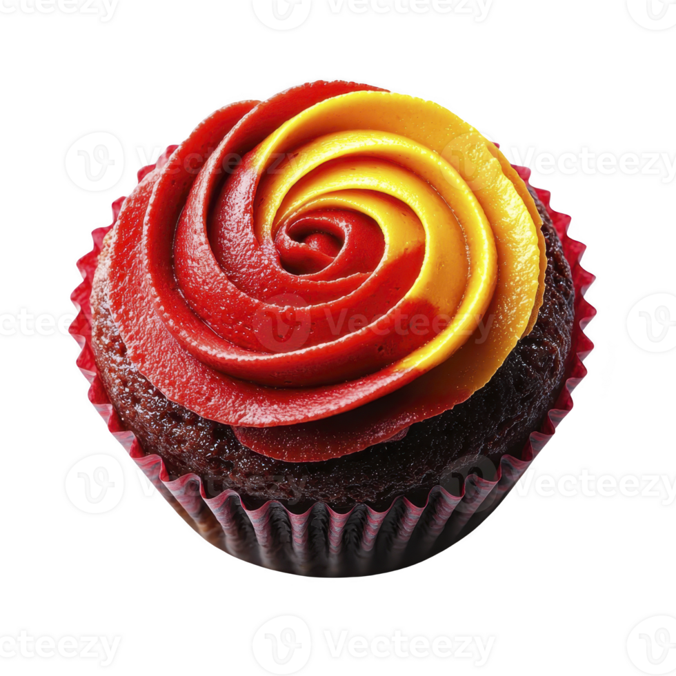 Delicious chocolate cupcake with vibrant red and yellow swirled frosting, creating visually appealing treat. cupcake is in red paper liner, perfect for celebrations png