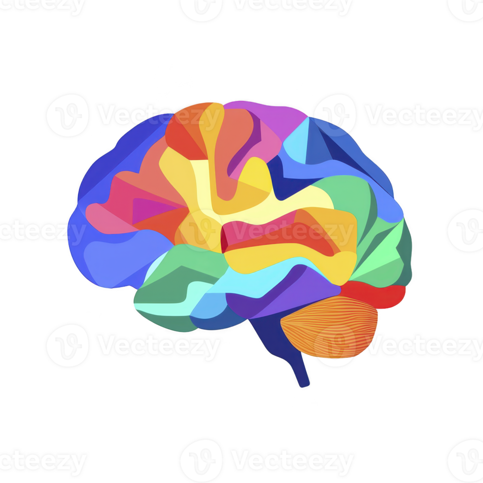 Colorful abstract illustration of human brain, featuring vibrant geometric shapes and spectrum of colors, symbolizing creativity and intelligence png