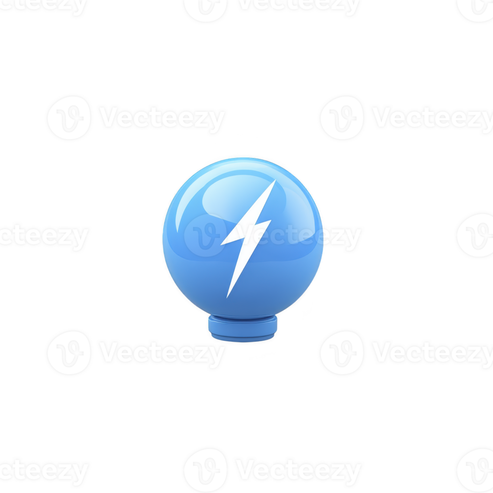 Blue sphere with white lightning bolt symbol in center, representing energy and power. glossy surface reflects light, giving it modern and dynamic appearance png