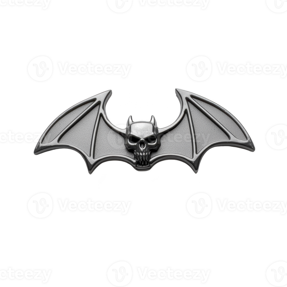 Metallic bat shaped emblem with skull at its center, featuring detailed wings and dark, gothic design. emblem conveys sense of mystery and edginess png