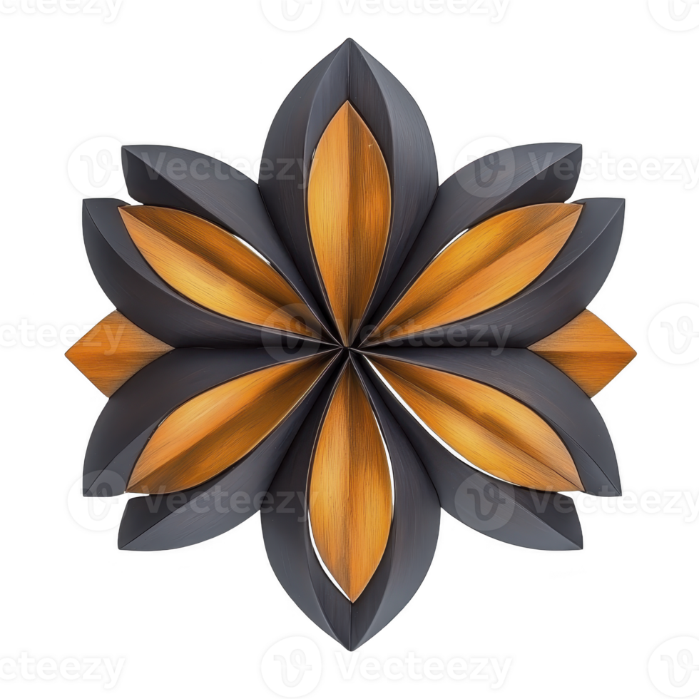 Symmetrical, abstract flower design with metallic gold and dark gray petals creates striking visual effect. intricate pattern and contrasting colors add depth and elegance to artwork png