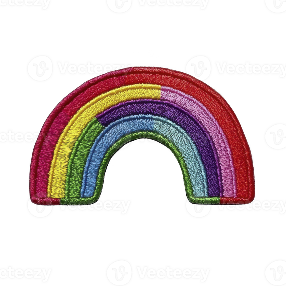 Colorful embroidered rainbow patch with vibrant stripes on transparency background, showcasing cheerful and playful design. Perfect for clothing or accessories png