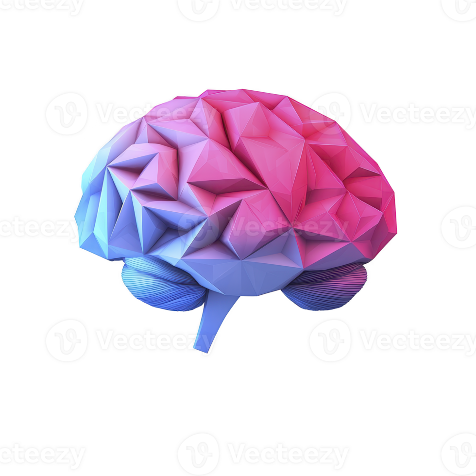Geometric, colorful brain illustration with blend of pink and blue hues, showcasing modern and abstract design. low poly style adds futuristic and artistic touch png