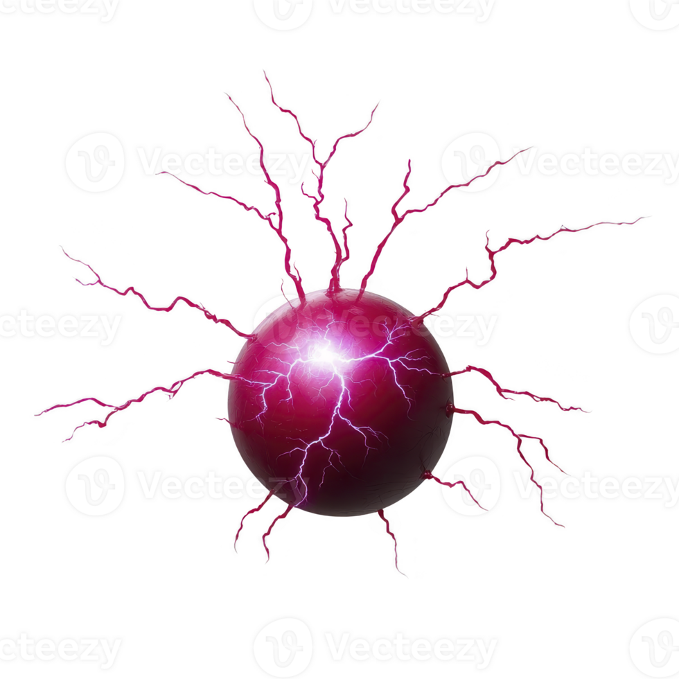 Glowing pink plasma ball emits vibrant electric arcs, creating dynamic and energetic visual effect. electric tendrils radiate outward, showcasing captivating display of light and energy png