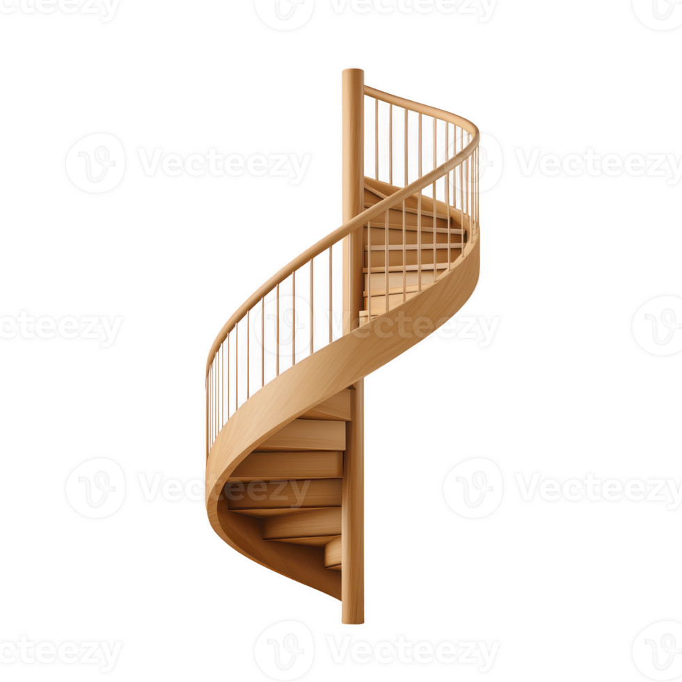 Wooden spiral staircase with metal railings stands elegantly, showcasing modern architectural design. smooth curves and natural wood finish create warm and inviting aesthetic png