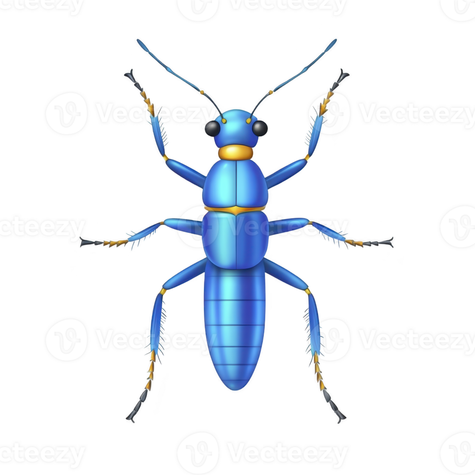 Vibrant blue beetle with detailed legs and antennae, showcasing intricate patterns and textures. insect vivid coloration and symmetrical design make it striking example of nature artistry png