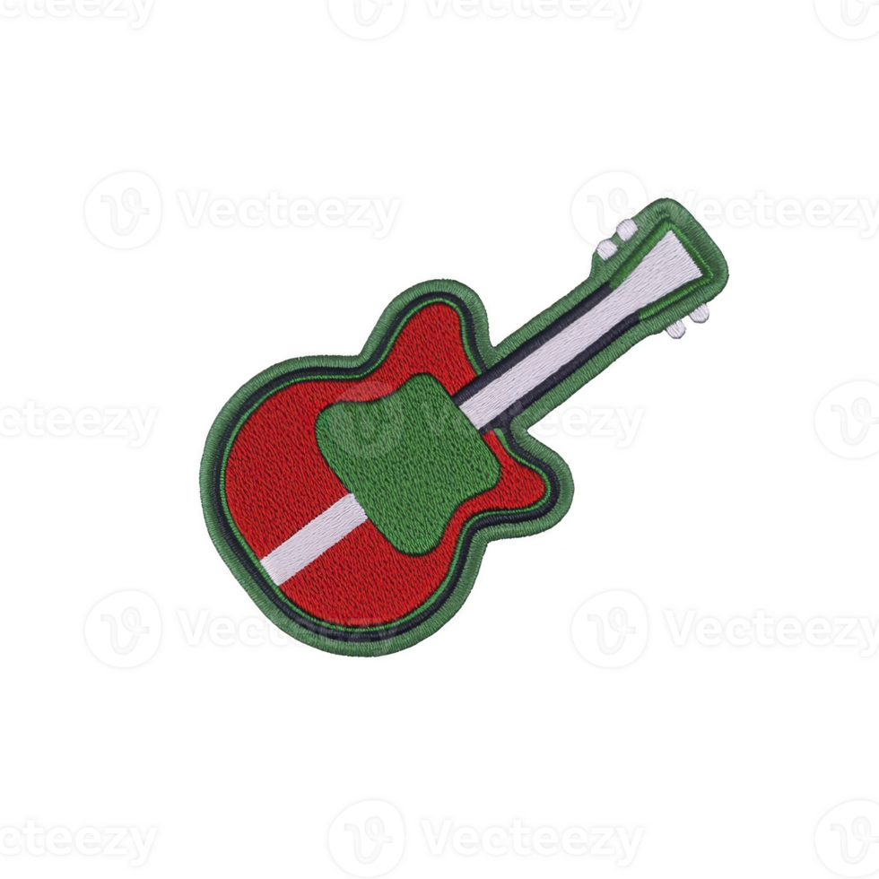 Colorful embroidered patch in shape of guitar, featuring vibrant red and green colors with white stripe, set against transparency background png