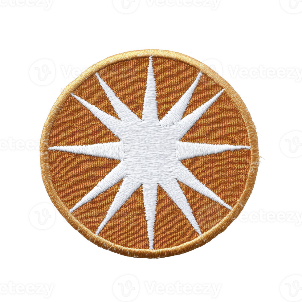 Round embroidered patch features white starburst design on orange background, bordered with gold. patch intricate stitching and vibrant colors make it visually striking png