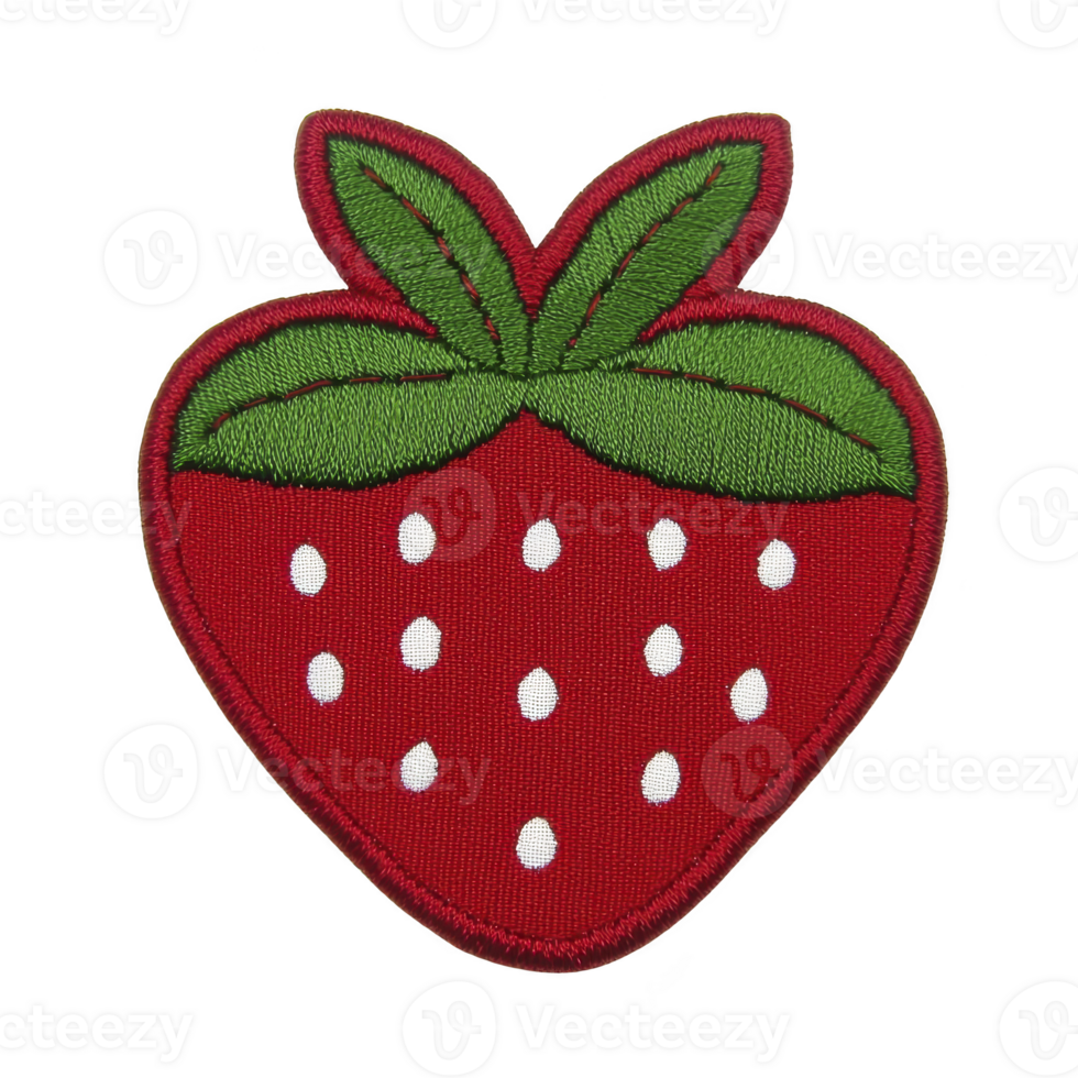 Vibrant embroidered patch in shape of strawberry with green leaves and white seeds, perfect for adding playful touch to clothing or accessories png