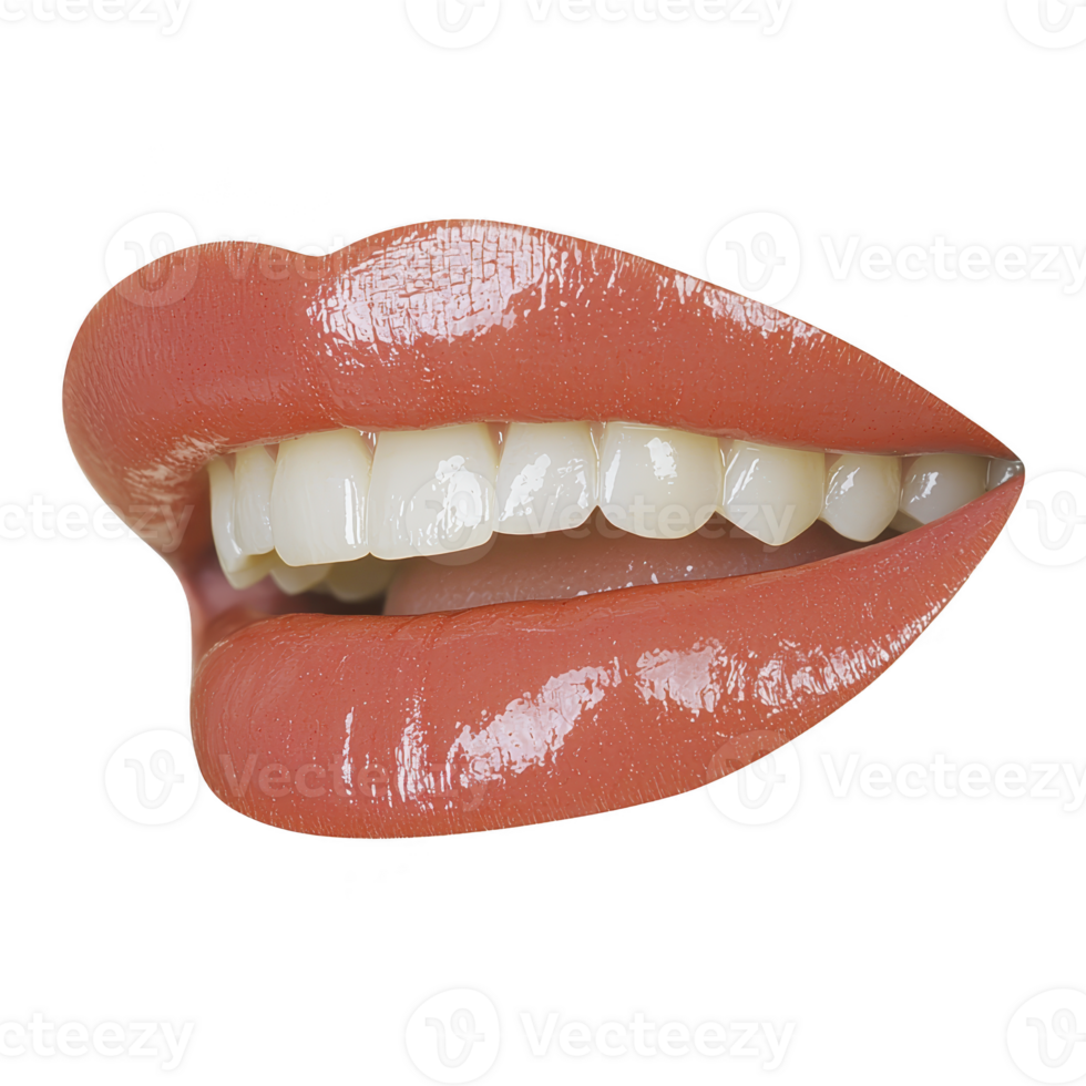 Glossy red lips with bright smile, showcasing white teeth. lips are slightly parted, emphasizing shine and smooth texture. image is isolated on transparent background png