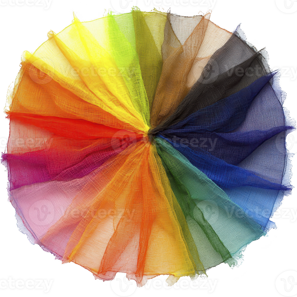 Vibrant circular arrangement of colorful fabric pieces creates rainbow effect, showcasing spectrum of hues from red to violet. texture and translucency add depth and interest png