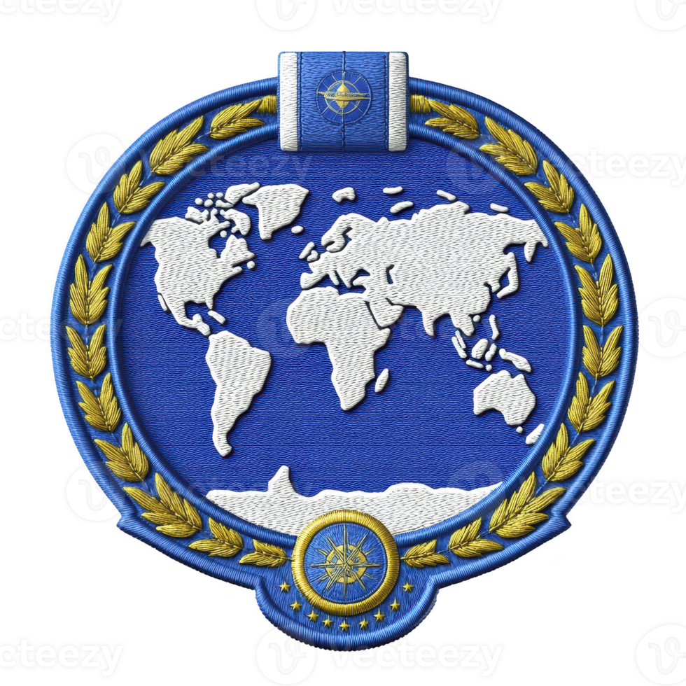 This features blue and gold embroidered patch with world map design, surrounded by laurel wreath. patch includes compass rose at bottom, symbolizing global unity and navigation png