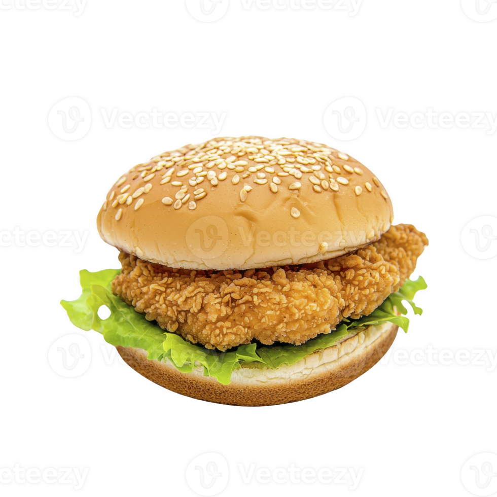 Crispy chicken sandwich with lettuce on sesame seed bun, showcasing delicious and appetizing fast food option. Perfect for quick meal or snack png