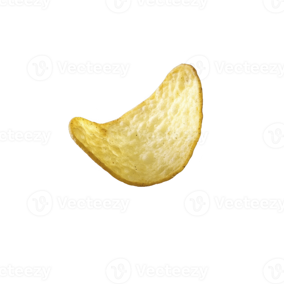 Single crispy potato chip with golden texture and curved shape, isolated on transparency background. chip surface shows light seasoning, highlighting its crunchy appeal png