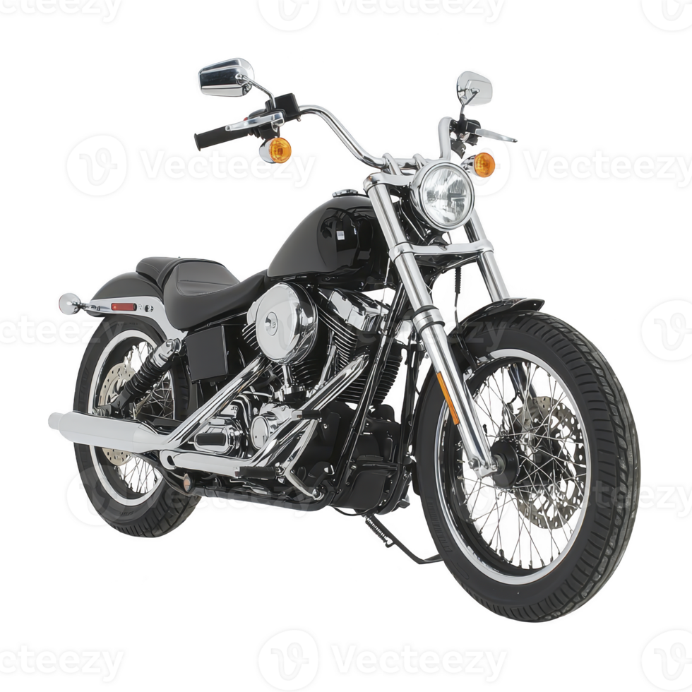 Sleek black motorcycle with chrome accents and classic design, featuring round headlight and wide handlebars, exudes sense of freedom and adventure png