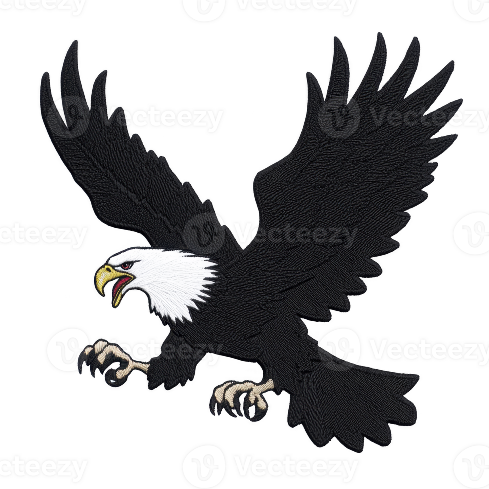 Fierce bald eagle illustration with outstretched wings and sharp talons, showcasing its powerful presence and majestic nature. detailed design captures essence of strength and freedom png