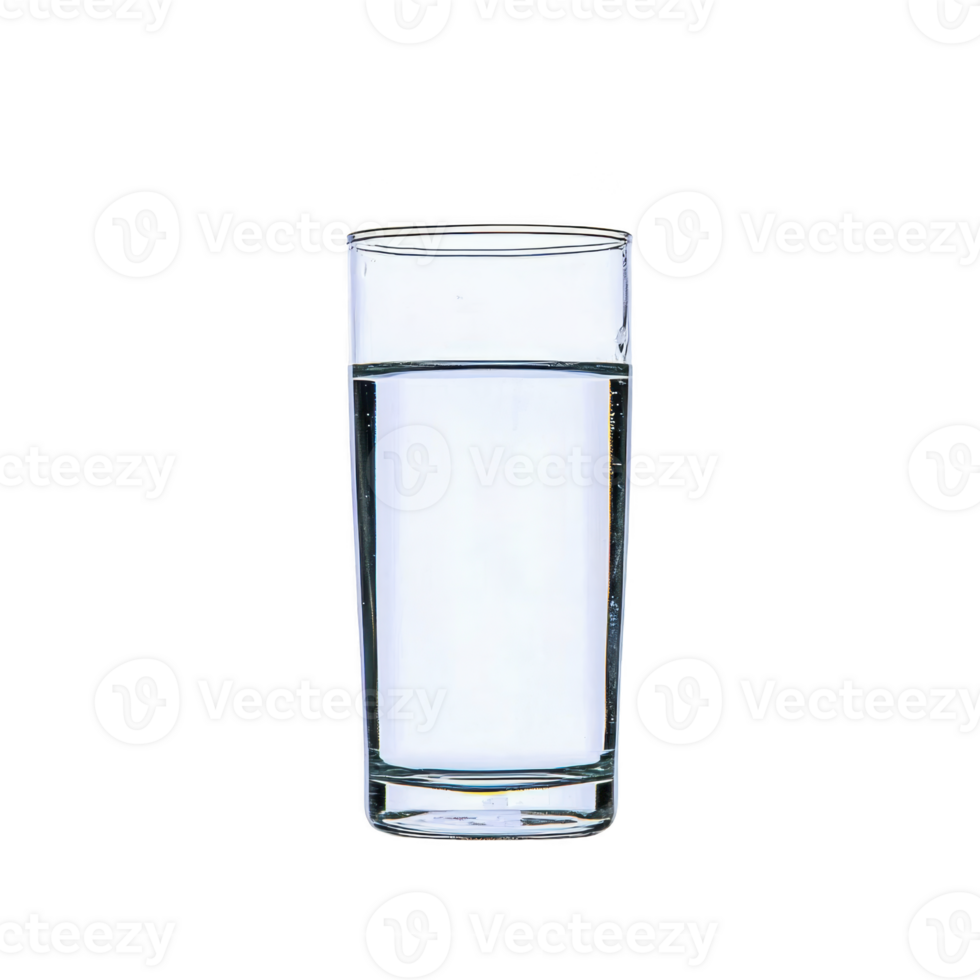 Clear glass filled with water stands against plain background, showcasing simplicity and purity. transparent liquid reflects light, emphasizing clean and refreshing nature of water png