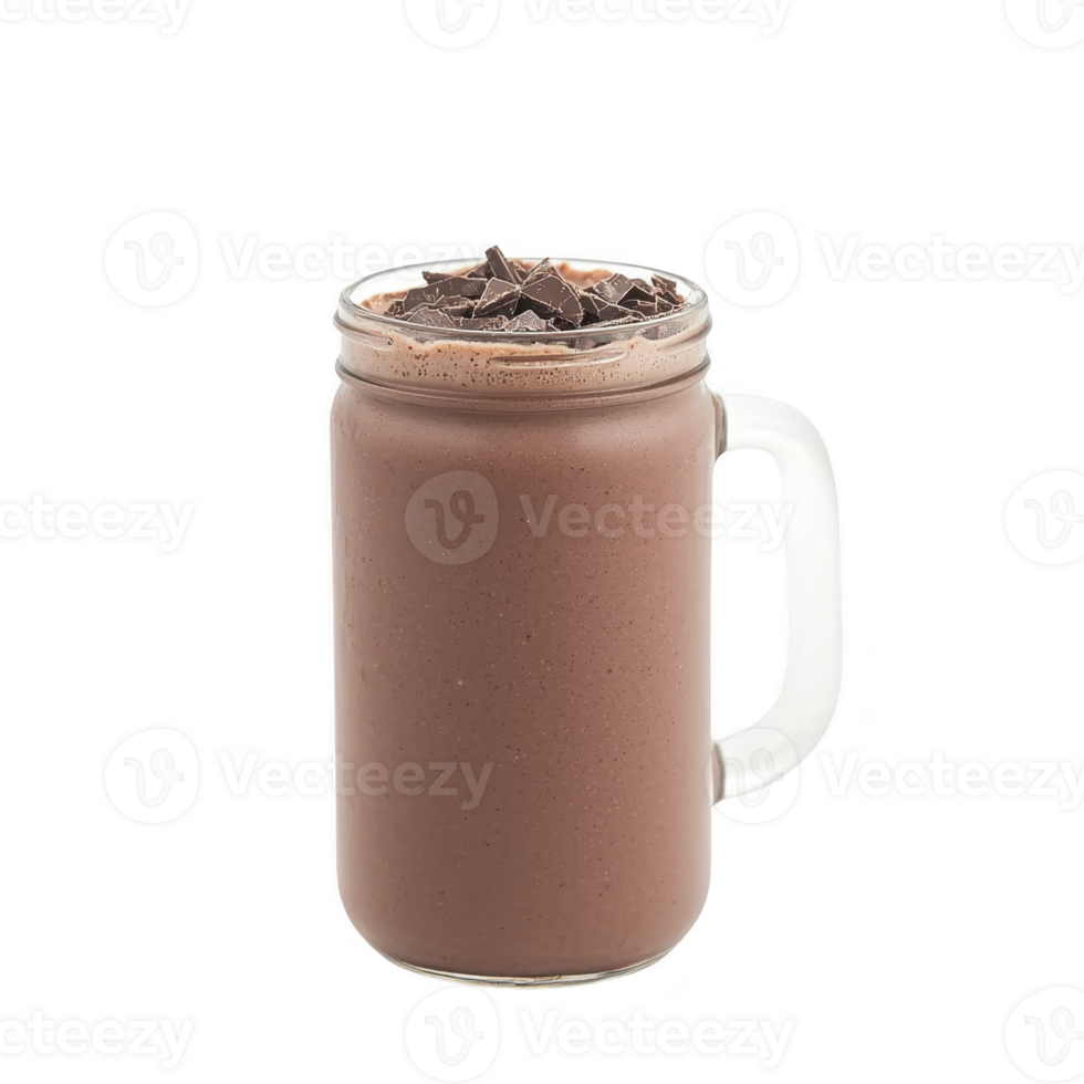 Glass mug filled with creamy chocolate milkshake topped with chocolate shavings, creating delicious and indulgent treat. rich texture and sweet aroma make it irresistible png
