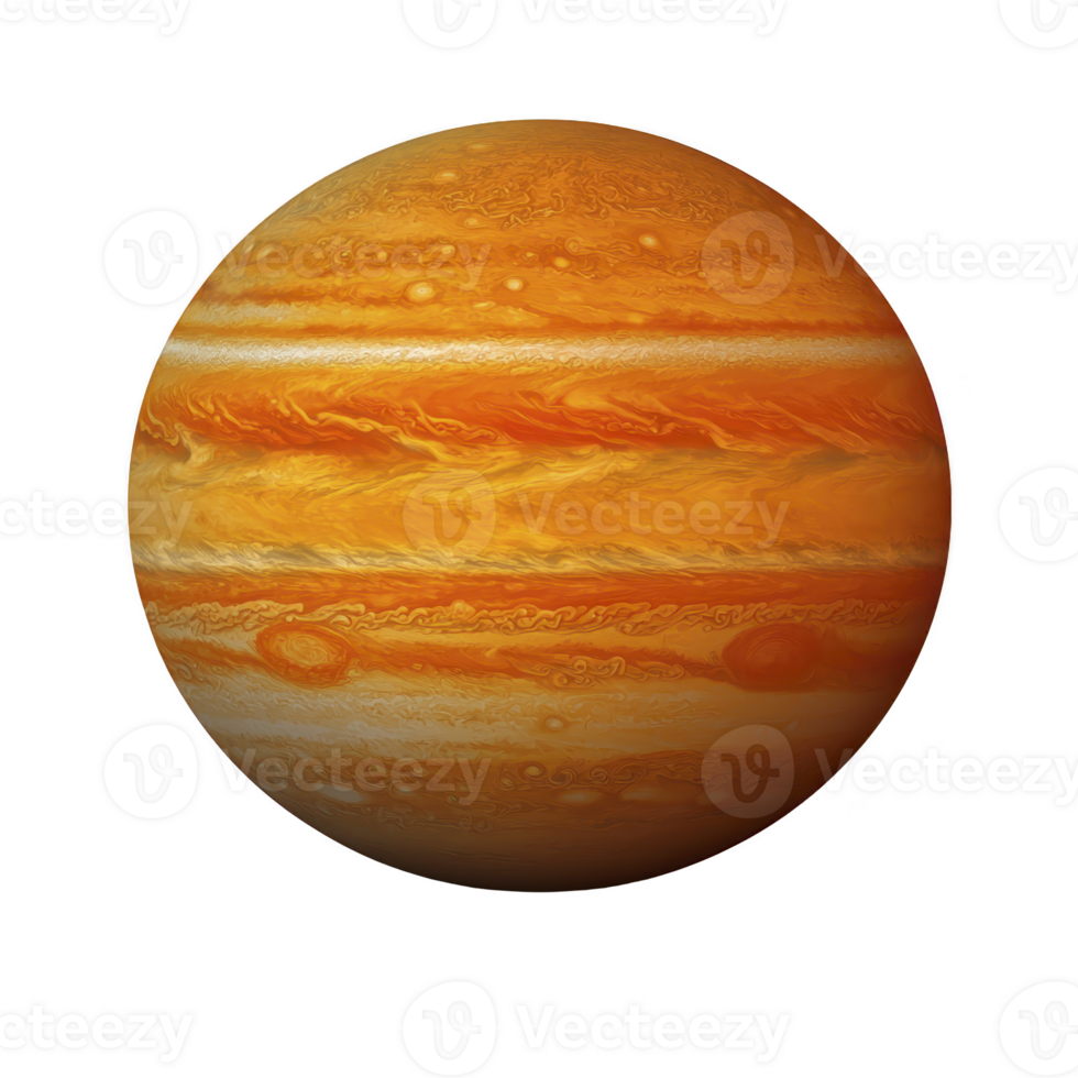 Vibrant illustration of Jupiter showcases its swirling orange and white clouds, highlighting planet iconic Great Red Spot. gas giant dynamic atmosphere is vividly depicted png