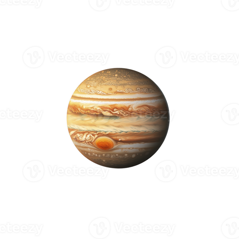 Detailed illustration of Jupiter showcases its swirling clouds and iconic Great Red Spot, highlighting planet massive size and gaseous composition png