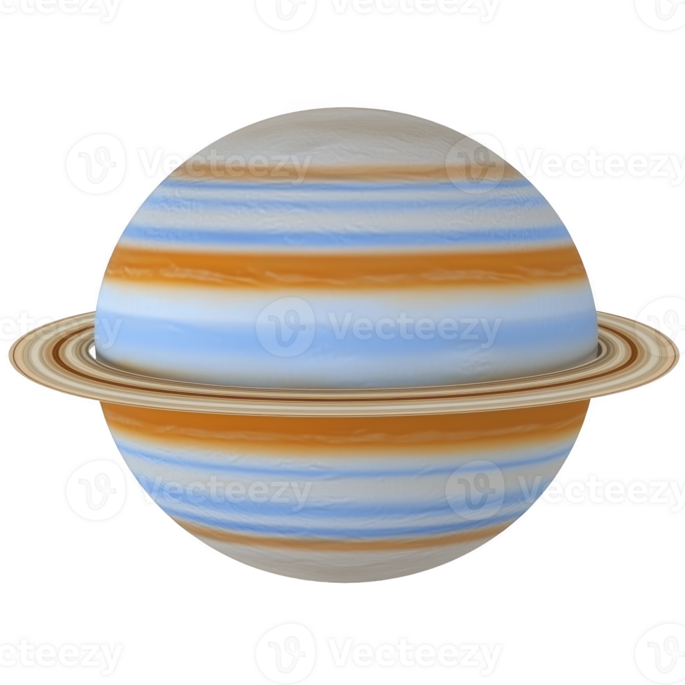 Digitally rendered image of planet resembling Saturn with colorful bands and rings, showcasing blend of blue, orange, and white hues. planet rings are detailed and distinct png