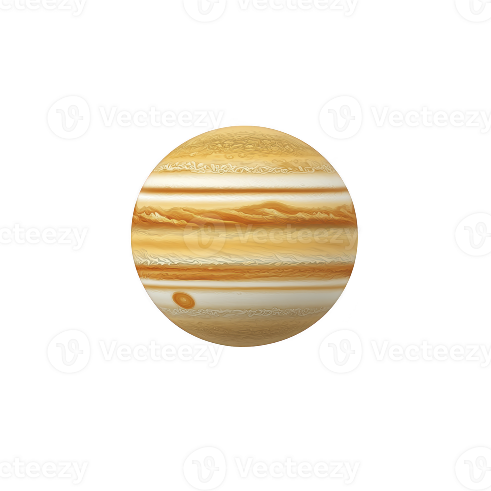 Detailed illustration of Jupiter, showcasing its iconic bands and Great Red Spot, set against transparency background. planet swirling clouds and vibrant colors are vividly depicted png
