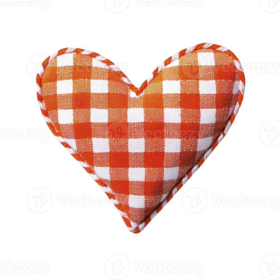 Heart shaped pillow with vibrant orange and white checkered pattern, evoking sense of warmth and comfort. fabric texture adds cozy touch png