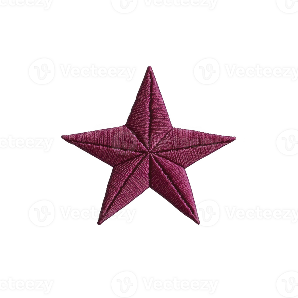 Vibrant embroidered star patch in deep magenta, showcasing intricate stitching and symmetrical five point design, perfect for adding flair to clothing or accessories png