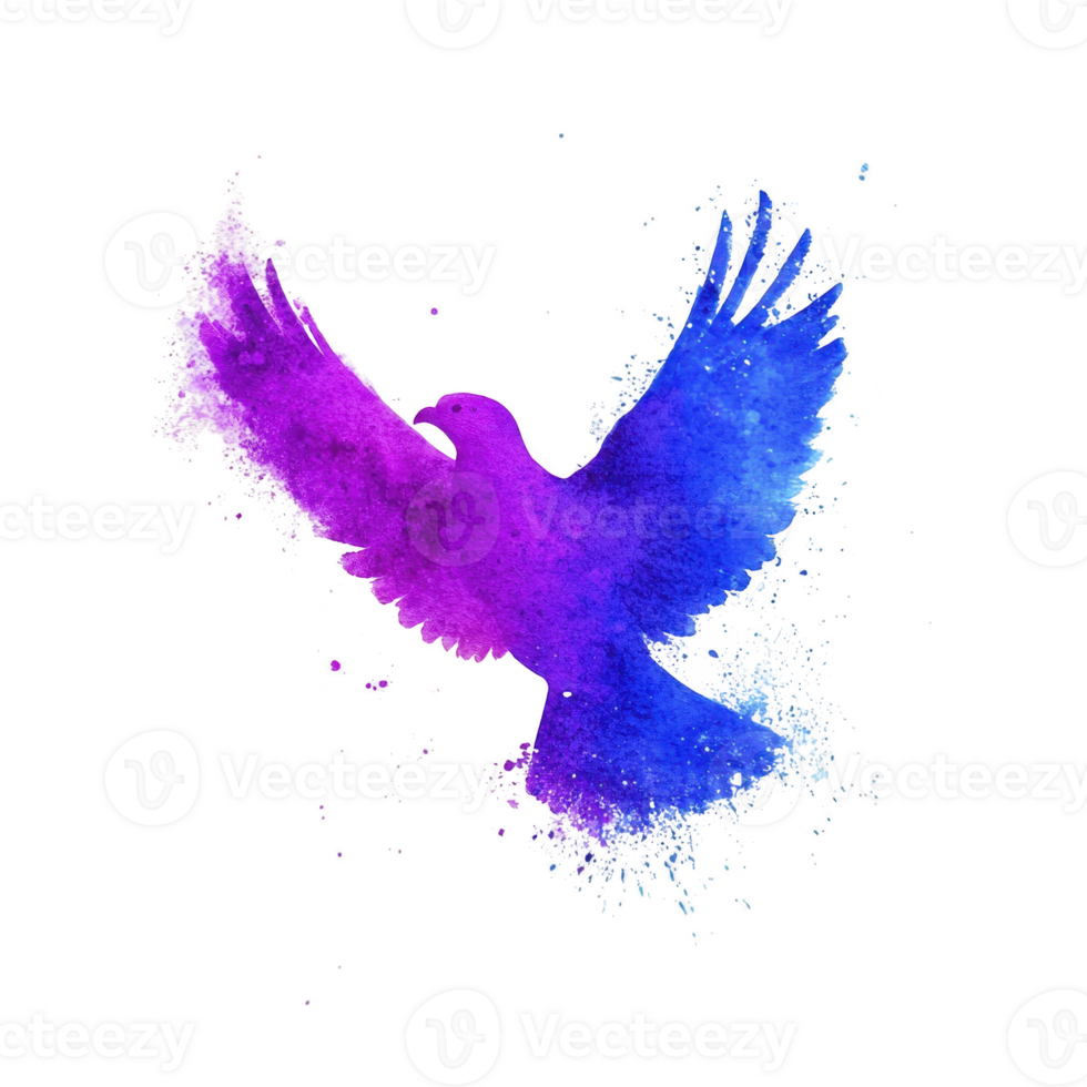 Vibrant watercolor silhouette of bird in flight, blending shades of purple and blue, creating dynamic and artistic effect. splatter adds sense of motion and creativity png